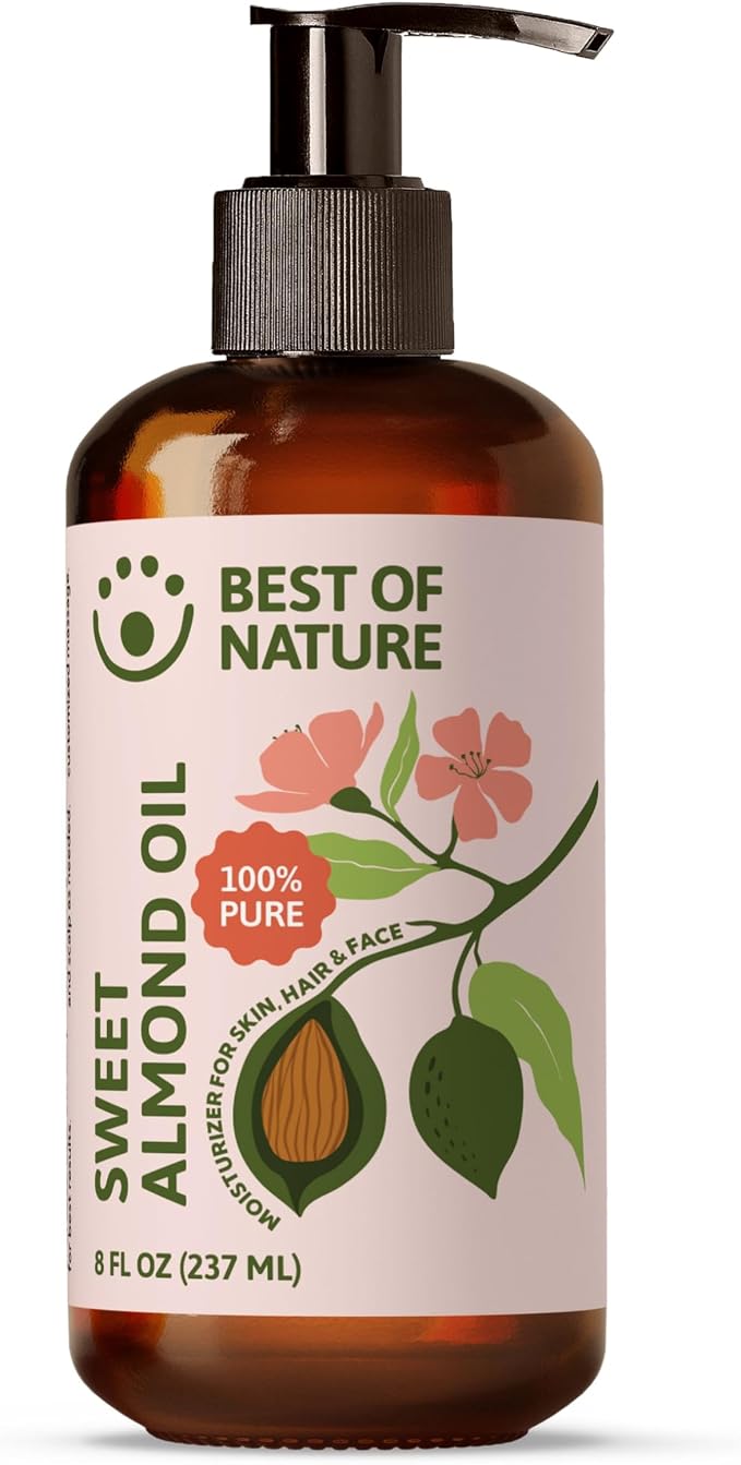 Best of Nature 100% Pure Sweet Almond Massage & Body Oil, Deep Moisturizing Unscented Oil for Hair, Skin, Face, & Aromatherapy, Ideal Carrier Oil for Essential Oils (8 fl oz)