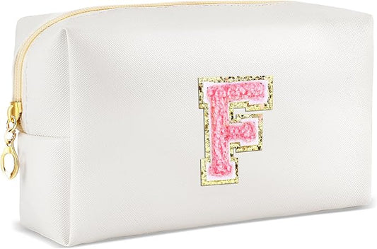 URSKYTOUS Initial Makeup Bag Personalized Preppy Travel Small Cosmetic Bag Cute PU White Chenille Letter Makeup Pouch for Purse Waterproof Zippered Toiletry Organizer for Women Girls Kids Friends (F)