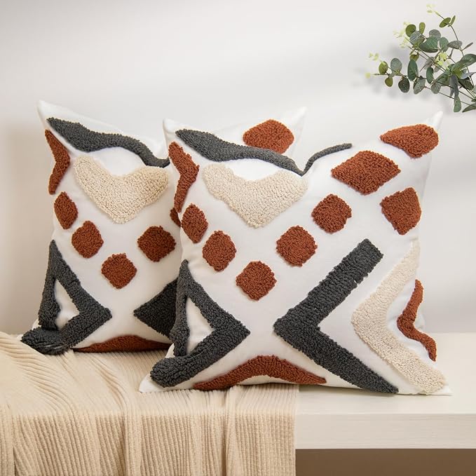 lifein Boho Pillow Covers 18x18 Set of 2 Boho Tufted Throw Pillow Covers Aesthetic Decorative Cushion Covers Farmhouse Pillow Case for Couch Sofa Bed Living Room,Home Decor