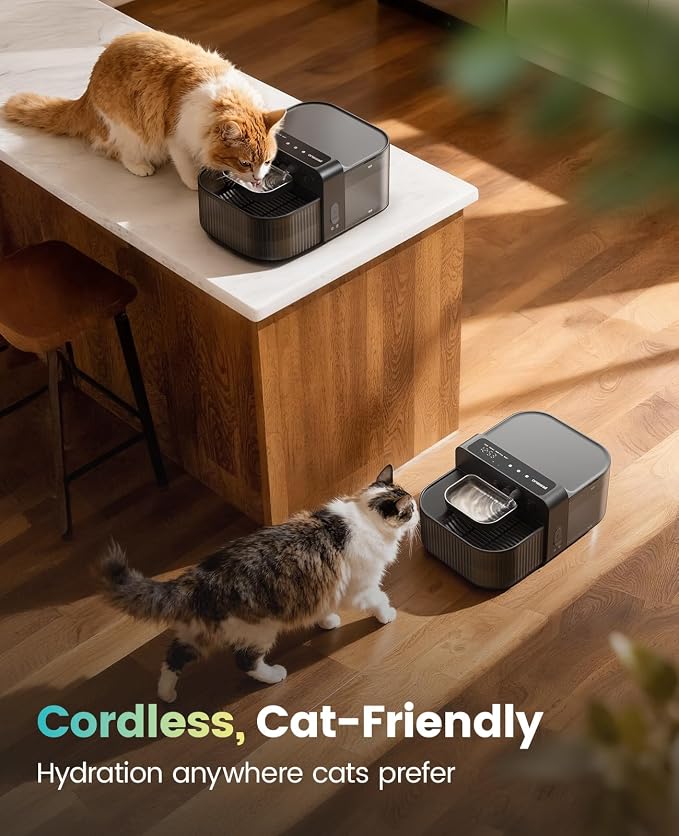 oneisall 3.5L Wireless Filterless Cat Water Fountain for Cat Pet,PW17 | Wastewater Separation,No Filter Needed,Cordless,Separate Clean&Dirty Water,304 Stainless Bowl,30dB Quiet,Smart LED Display