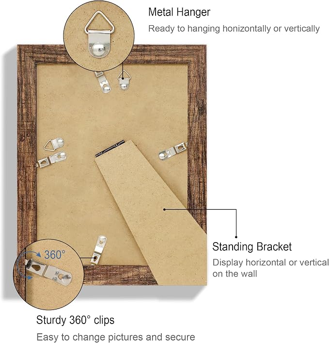 Hongkee 6x8 Picture Frame Set of 4, Made of Real Glass and Rustic Brown Frame - Display Picture 4x6 with Mat or 6x8 Without Mat, 6 by 8 Photo for Wall or Tabletop