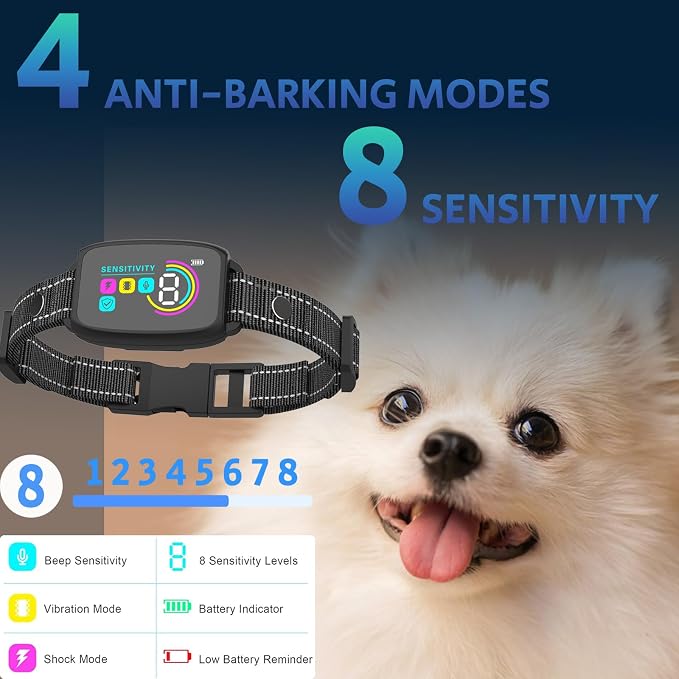 Smart AI Dog Bark Collar for Small Medium Large Dogs, Automatic Anti Barking Collar with LED Color Display, 4 Training Modes & 8 Sensitivity, IP67 Waterproof Rechargeable, No Shock