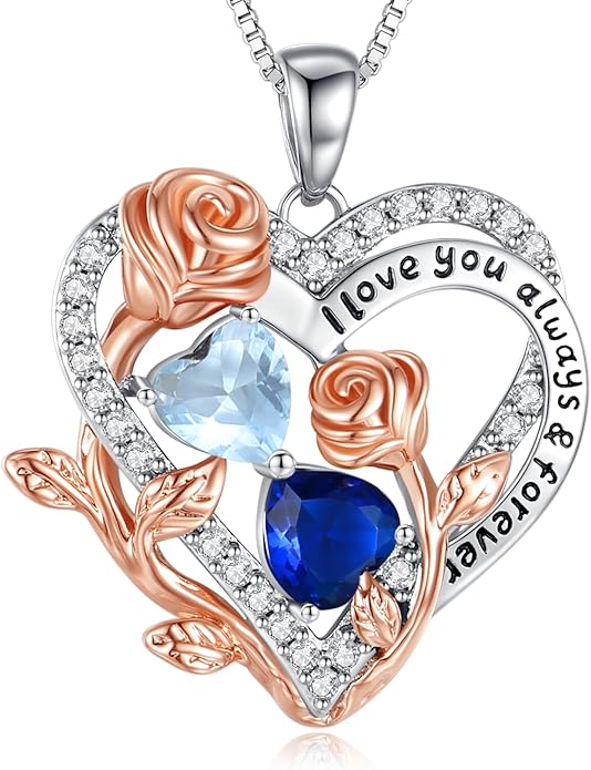 I Love You Birthstone Necklace, 925 Sterling Silver Heart Pendant with CZ Diamond Stones, Birthday Gifts for Women, Romantic Gift for Wife, Girlfriend, Her, Anniversary, Valentine's Day, Christmas