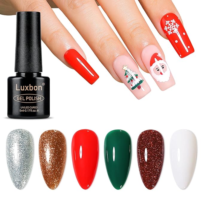 Luxbon 6 pcs Christmas Gel Nail Polish Set - Winter Color Set Long Lasting Gel Polish, uv led Soak Off Nail Art Designs Manicure Kit 033