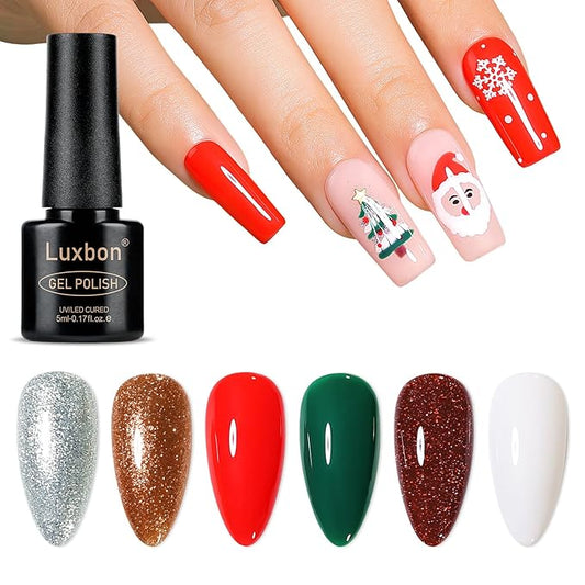 Luxbon 6 pcs Christmas Gel Nail Polish Set - Winter Color Set Long Lasting Gel Polish, uv led Soak Off Nail Art Designs Manicure Kit 033