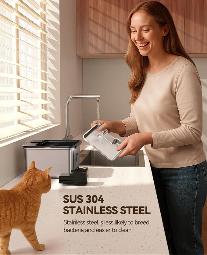 Cat Water Fountain Wireless + 6 Filters: [Visual Filter] & [Heavy-Duty Stainless Steel] FEELNEEDY- Premium, 3.2L/108oz, 4000mAh Battery Operated Pet Fountain with Sensor, for Cats and Dogs