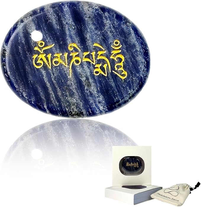 Sodalite Crystal Natural Truth Worry Stone Anxiety Reducing Healing Stone, Enhances Insight, Six Words of Sanskrit Gives Strength.