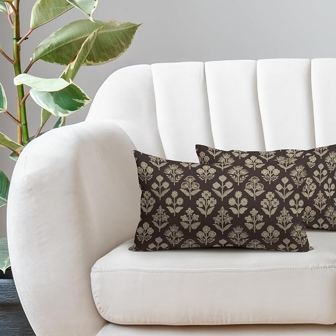 Drak Brown Pillow Covers 12x20 Inch Set of 2, Cream Floral Block Print Pattern Lumbar Decorative Throw Pillowcases Outdoor Farmhouse Rectangle Cushion Covers Spring Summer Sofa Couch Bed Decor