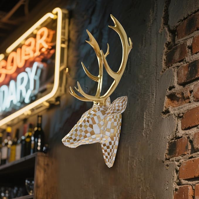 GIGICICI Mosaic Deer Head Wall Decor 15.7x8.7 Inch, Artistic Faux Resin Animal Head Wall Sculpture Hanging for Living Room Bedroom Kitchen Office, White-Gold Gift