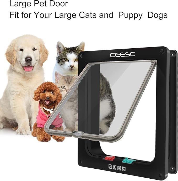 CEESC X-Large Cat Door for Interior/Exterior, Black, for Pets up to 25 lbs | Outer 11"x9.8", Weatherproof, 4-Way Locking, ABS material, for cats & small dogs, waist <24.8"