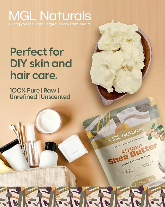 MGL Naturals Raw African Shea Butter Ivory 5 lb, 100% Pure and Unrefined. Nourish and moisturize skin and hair. Use alone or DIY recipes. From Ghana, West Africa. (5 lb)