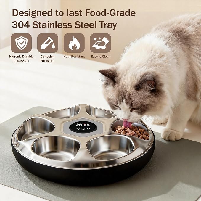 Automatic Wet Food Cat Feeder 6 Meal with Stainless Steel Tray, Auto Refrigerated Wet Foods Feeder for Cats Dogs, Programmable Timed Fresh Foods Dispenser with 2 Ice Packs for Kitty Puppy Cat Dog