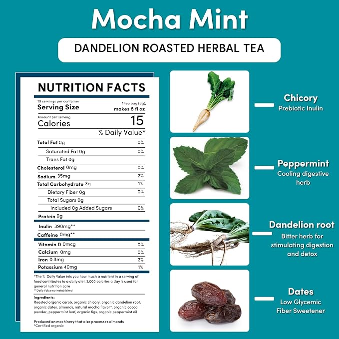 Teeccino Dandelion Root Tea - Mocha Mint - Caffeine Free, Roasted Herbal Tea with Prebiotics, 3x More Herbs than Regular Tea Bags, Gluten Free - 10 Tea Bags (Pack of 4)