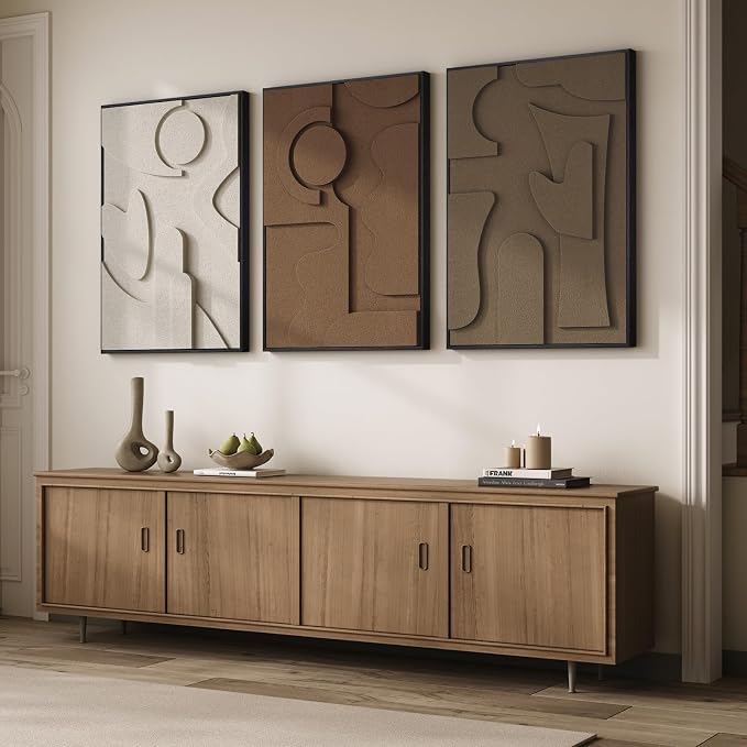 Large 3D Textured Framed Neutral Abstract Wall Art for Living Room, 3 Piece | Solid wood frames, sculptural relief forms, warm earth tones, ready to hang, big size 24x36 in, wall decor for bedroom office