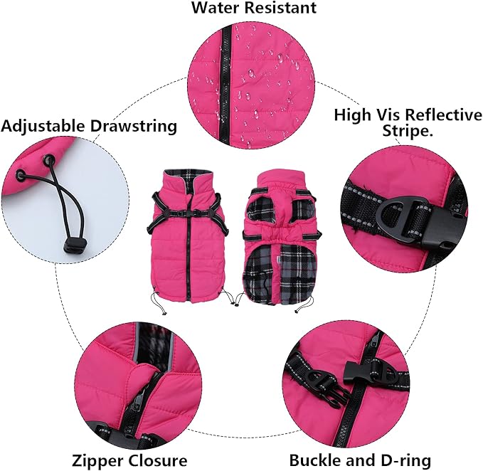 Winter Warm Coat Geyecete Waterproof Dog Jacket with Harness Traction Belt,Pet Outdoor Jacket Autumn and Winter Clothes for Medium, Small Dog-Pink-L