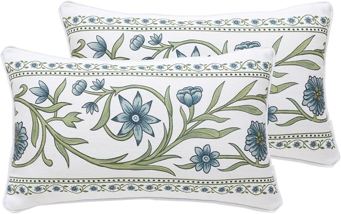 Designer Linen Throw Pillow Cover,Set of 2,20"x12"-Mosella D | Vintage Elegant Rectangle Decor Pillow Cover,Concealed Zipper Design,Floral Pattern,Sofa,Bedroom,Living Room,Lounge Chairs