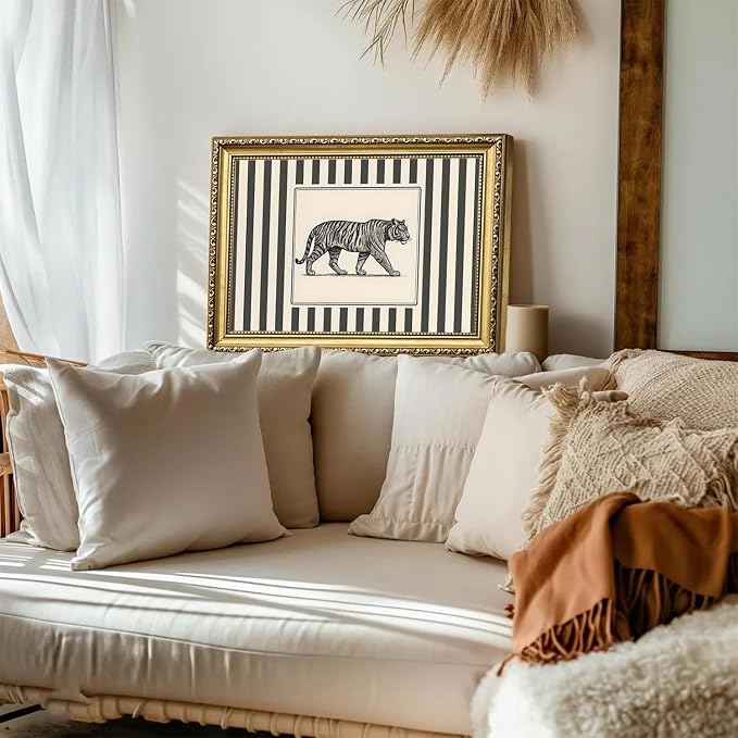 Vintage Tiger Wall Art Wildlife Wall Decor Pictures Black and White Stripe Jungle Animal Poster Canvas Painting Print for Bedroom Living Room Bathroom 8x10 inch Gold Framed