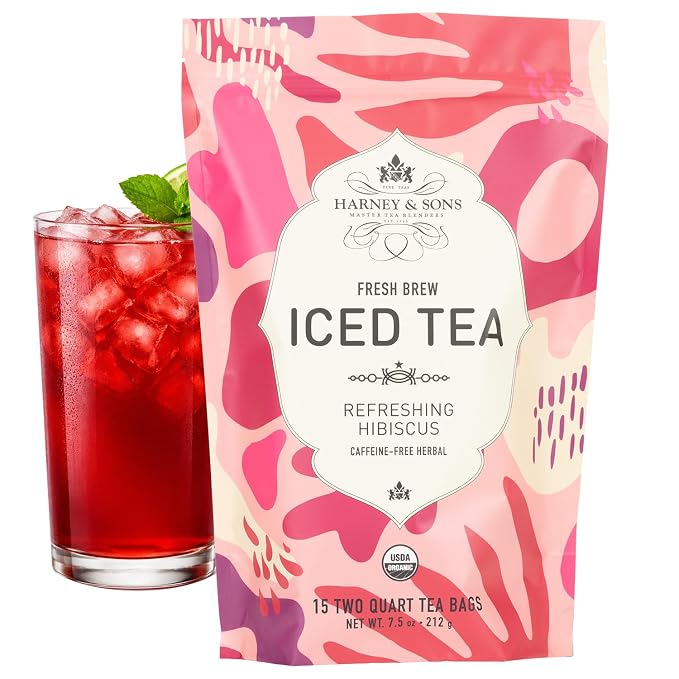 Harney & Sons Fresh Brew Herbal Iced Tea, Hibiscus Herbal Tea, 15 Iced Tea Bags, Brews Up to 30 Quarts, Caffeine Free