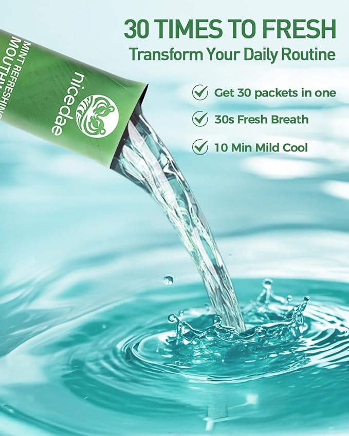 nicedae Travel Size Mouthwash Portable Packets Alcohol-Free & Fluoride-Free Fresh Mint Mouth Wash 30 Individual Wrapped Cruise Essentials