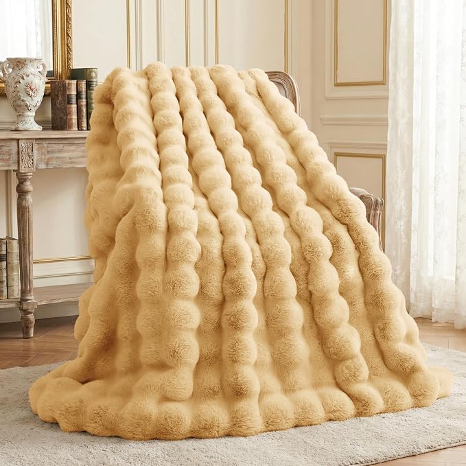 L'AGRATY Faux Rabbit Fur Throw Blanket for Couch, 60''x80'', Milk Tea Brown | Soft Cozy Bubble Fluffy Blanket for Sofa Bed, Thick Warm Plush Fuzzy Throw for Room Home Decor, Luxury Gift for Women Mom