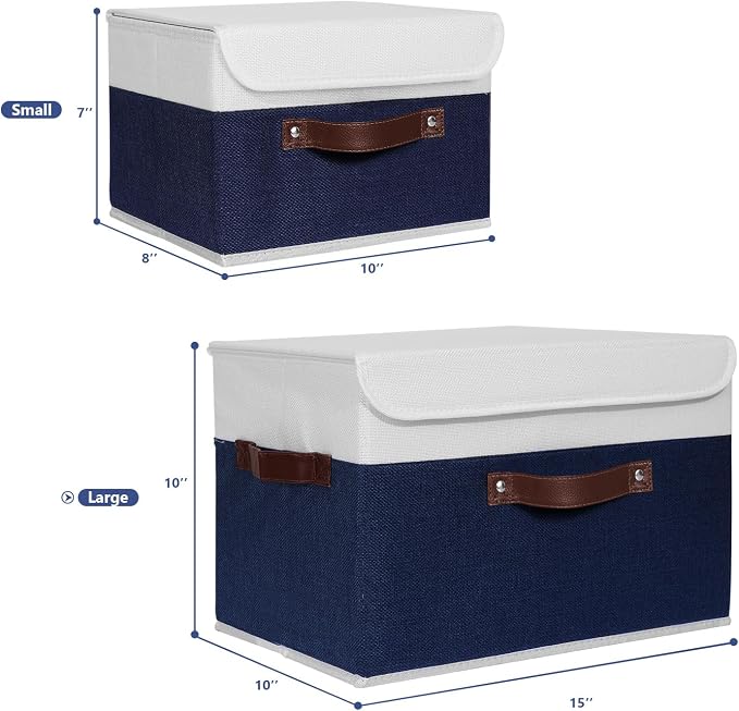 ANMINY Fabric Storage Box Bins with Lids, Blue White, 15"x10"x10" | Keepsake Memory Storage, Cotton Linen, PP Board Reinforced, Washable, PU Handles, Foldable & Stackable, Decorative, Large