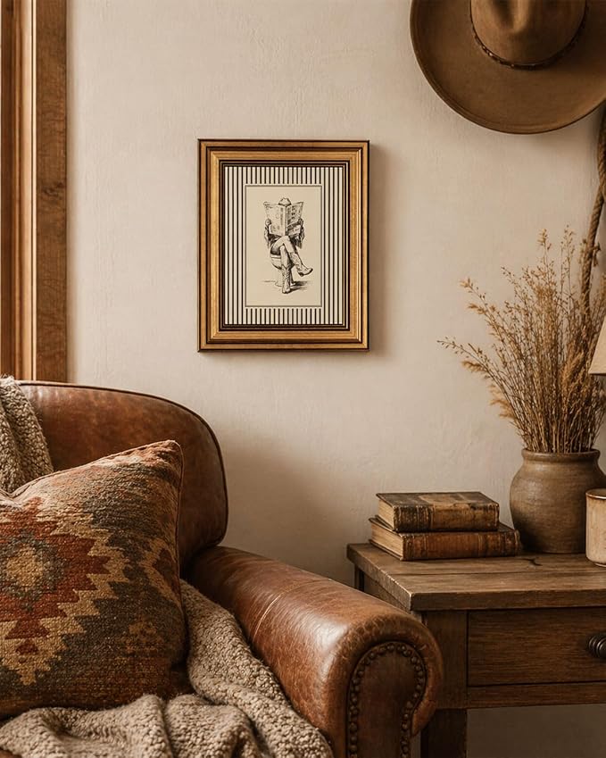Gold Framed Wall Art, Funny Western Cowgirl Bathroom Canvas Prints, Cowgirl Reading Newspaper on Toilet Picture Wall Decor, Neutral Rustic Farmhouse Artwork for Bathroom Restroom 9x11 inch