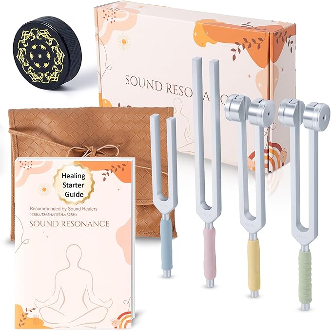 Tuning Forks for Healing Set, Including Four Frequency 128Hz, 136.1Hz, 174Hz, 528Hz Yoga and Meditation Accessories, Chakra Sound Therapy Instruments with Tuning Fork Activator and Vegan Leather Pouch