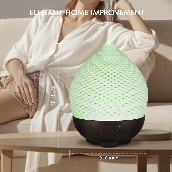 Essential Oils Diffuser Ceramic 250ml - Ultrasonic Aromatherapy Diffuser 3D Printing Dome, Cool Mist Air Freshener with 2 Mist Modes 7 Colors LED Lights, Auto Shut-Off Protection for Home Office Decor