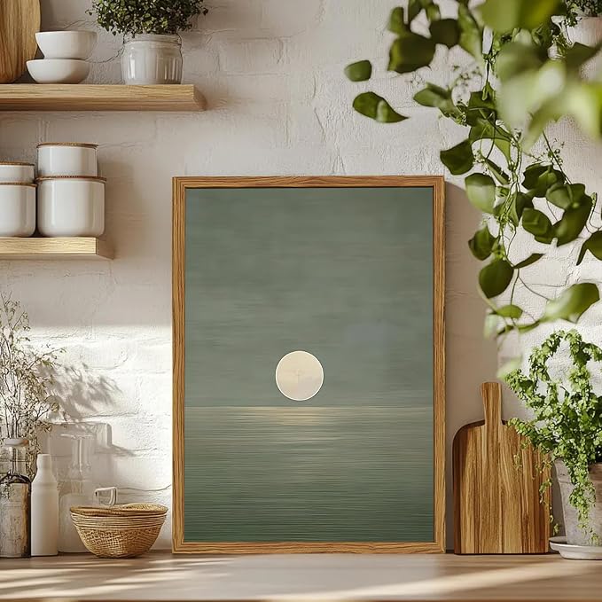Framed Sage Green Japanese Canvas Wall Art Set of 2, Minimalist Moon and Birds Pictures Wall Decor, Neutral Landscape Artwork Paintings Prints Zen Home Decor for Living Room Bedroom Office 12x16 inch