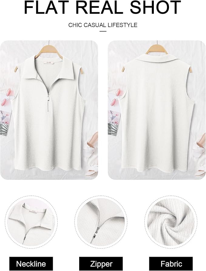 Vivilli Womens Ribbed Tank Top Zipper V Neck Dressy Casual Blouses Sleeveless Camisole Tops Work Tank Polo Shirts