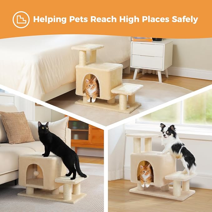 3-in-1 Cat Stairs with Scratching Post & Condo, Pet Steps, Beige | Pet Steps for High Beds, Sofa, Couch, Tall Cat Tower, High-Strength Boards for Indoor Small Cats Kittens Dogs Climbing Play