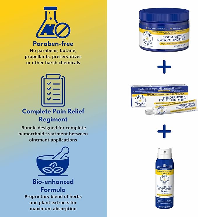 Doctor Butler's Hemorrhoid Treatment Bundle - Includes Hemorrhoid & Fissure Ointment with 4% Lidocaine, Hemorrhoid Spray with Witch Hazel, and Epsom Bath Salts to Help Reduce Irritation