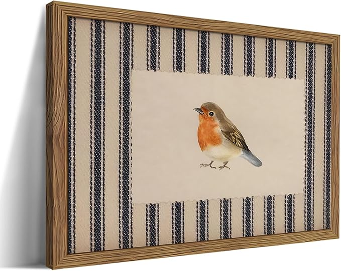 Framed Robin Bird Wall Art, Striped Nature Watercolor Canvas Print, Country Farmhouse Wall Decor, Vintage Cottagecore Animal Picture Artwork for Living Room Bedroom Bathroom 12x16 inch