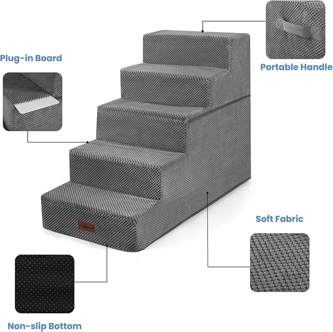 Aodisman Dog Stairs for High Beds 22.6" H, 5-Step Pet Steps for Small Dogs | Indoor Non-Slip Pet Stairs with Carry Handle for Puppies, Senior Cats & Short-Legged Dogs to Reach High Beds & Window Sills