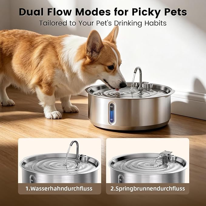 Invengo 8L/270oz Quiet Stainless Steel Dog Water Fountain, 2 Filters | 50% Thicker 6mm Steel, Dual Filters, 6-Layer Deep Purification, Under 25dB Whisper-Quiet Operation, 2 Flow Modes