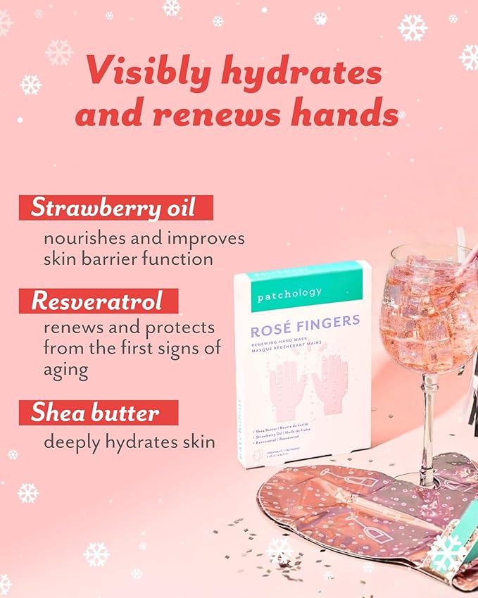 Patchology Rosé Fingers Renewing Hand Mask, Strawberry-Scented Moisturizing Gloves with Shea Butter for Dry and Cracked Hands, Christmas Gifts for Women & Stocking Stuffers for Teen Girls (1 Pair)