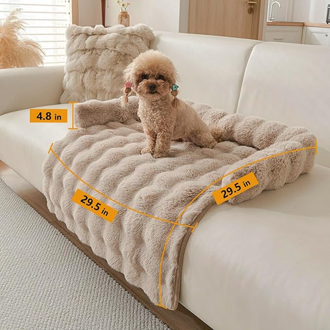 Calming Dog Bed for Couch, 29.5 x 29.5 inch, Non-Slip Rabbit-Velvet Dog Sofa Mat for Furniture Protector, Perfect for Small, Medium Dogs and Cats (Khaki, Medium)