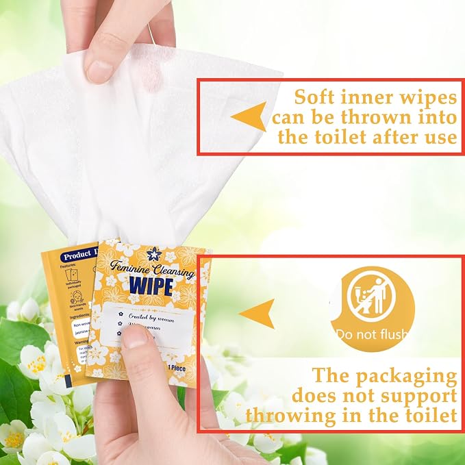 Tondiamo 200 Pcs Feminine Wet Wipes for Women Individually Wrapped Flushable Wipes Travel Size Soothing Personal Wipe Cleansing Natural Ingredients for Feminine Daily Use (Jasmine)