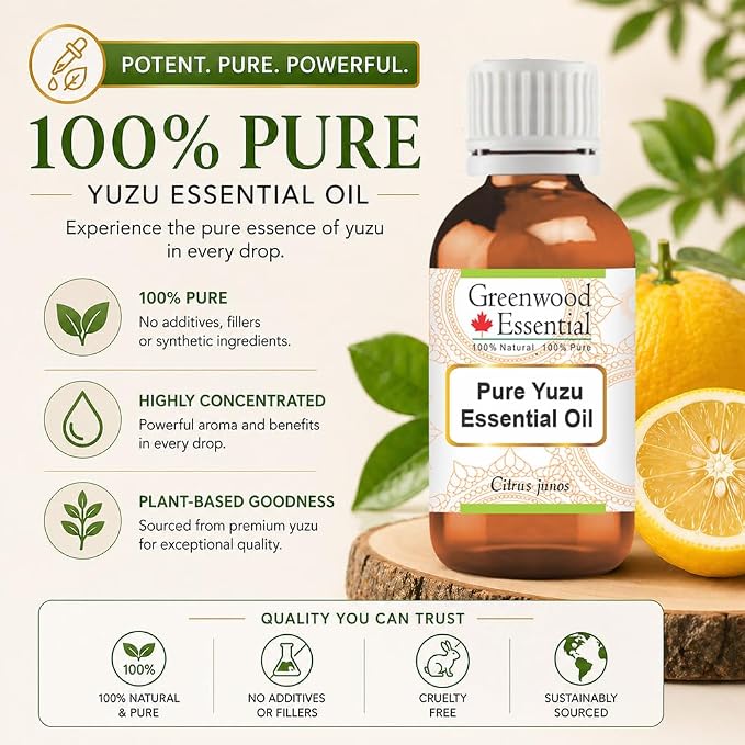 Greenwood Essential Yuzu Oil (Citrus junos) | Cold Pressed | Natural | Undiluted | For Diluting Essential Oils | For Skin & Massage | Men & Women | 5ml (0.16 oz)
