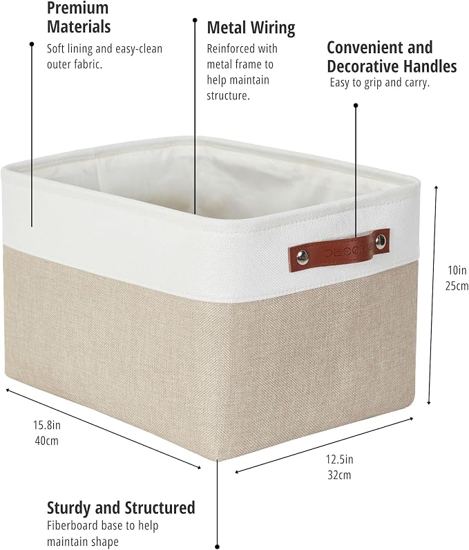 DECOMOMO Storage Bins, Extra Large Fabric Storage Baskets for Shelves 3Pack | 15.8 x 12.5 x 10 inches Decorative Linen Closet Organizers (Beige & White)