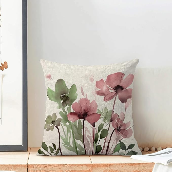 Spring Floral Pillow Covers 20x20 Inches Set of 2 Sage Green Pink Floral Throw Pillow Covers Outdoor Rustic Summer Flower Decoration Pillowcase Farmhouse Decorative Cushion Cover For Couch Sofa