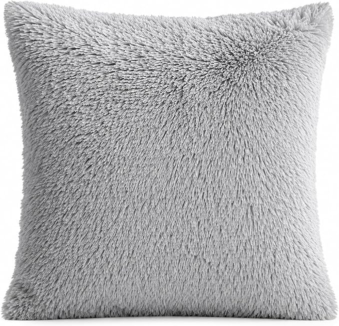 REAFORT Long Hair Faux Fur Euro Sham Cover 26"x26", Hidden Zipper (Grey) | Ultra-soft plush faux fur with a hidden zipper adds luxurious comfort and is machine washable for easy care.