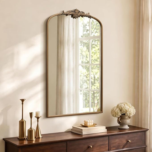 Besdomus Vintage Large Wall Mirror: 24"x42" French Brass Gold Vanity Mirror | Antique Metal Framed Decorative - Baroque Traditional Ornate for Hallway/Bathroom/Fireplace - Ideal for Bathroom Renovations