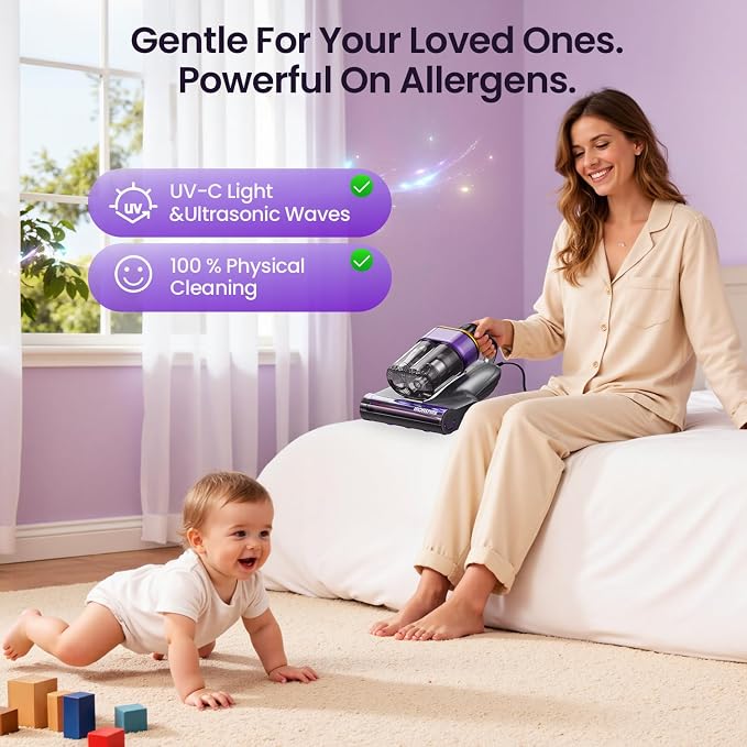 Bed Vacuum Cleaner, Mattress Vacuum with 2 Roller Brushes 253.7nm UV-C Light & Ultrasonic,145°F Heat, HEPA Filter, 18kPa Suction 650W Powerful Handheld Vacuums for Dust & Pet Hair(Corded)