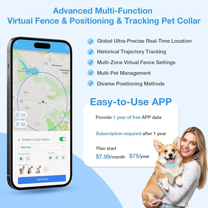 AOZOOM Electric Dog Fence,GPS Wireless Virtual Fence Dog Collar,Blue | Smart GPS Dog Collar,GPS Pet Tracker with App-Supported,Adjustable IPX7 Water-Resistant Electric Fence Collar for Outdoor,