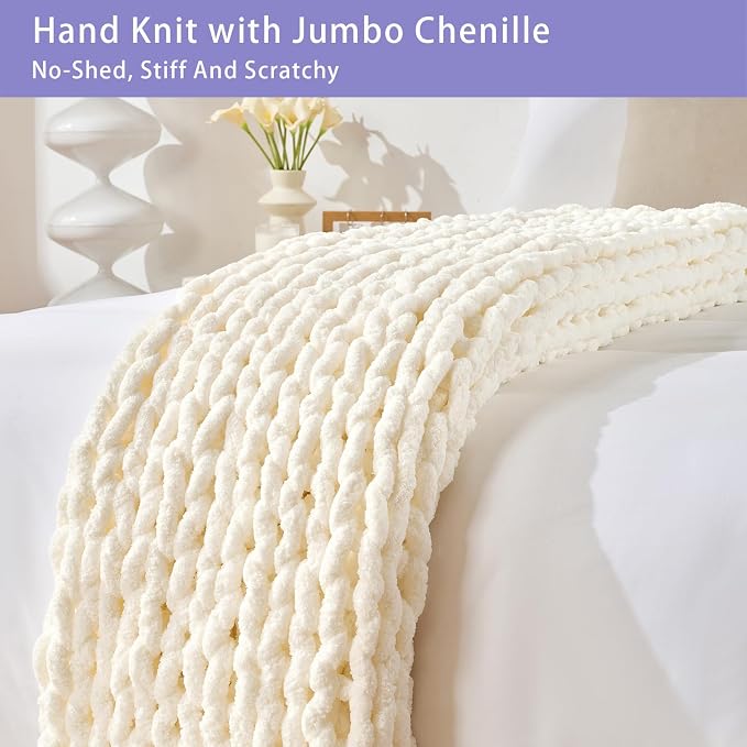 Bigacogo Chunky Knit Throw Blanket for Couch, 60x80 inches, Ivory | Hand Knit with Jumbo Chenille, Soft Breathable Cable Knit for Sofa Bed Living Room, Machine Washable, Gift for Mom Friend