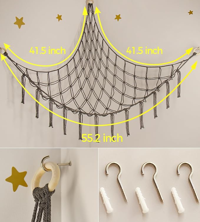 mirolam Stuffed Animals Hammock Net Corner-Hanging Stuff Animal Toy Storage Organizer for Plush Plushie Room Bedroom Nursery Decor Toy Storage Organization