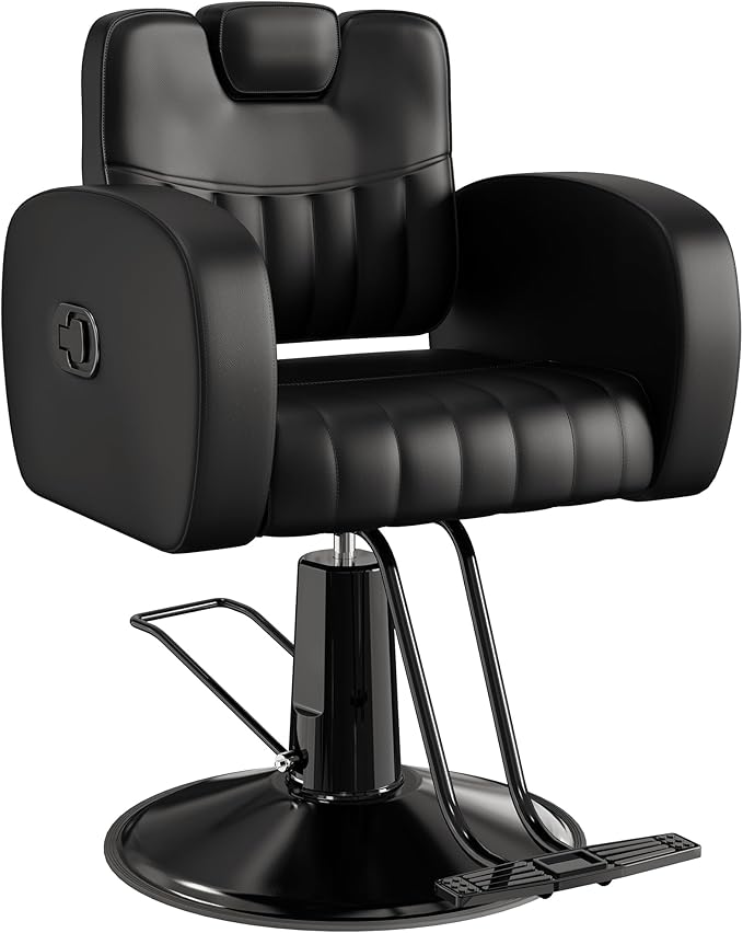 Baasha Ergonomic All Black Salon Chair with Comfortable Thickened Cushions, Heavy Duty Reclining Stylist Chair for Hair braiding, Extensions, Tattooing, Weight Capacity 440 lbs
