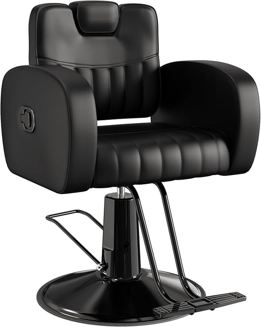 Baasha Ergonomic All Black Salon Chair with Comfortable Thickened Cushions, Heavy Duty Reclining Stylist Chair for Hair braiding, Extensions, Tattooing, Weight Capacity 440 lbs