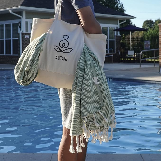 ATANI 69x35 in Oversized Turkish Beach Towel Set with Tote Bag – Quick-Dry 100% Turkish Cotton Peshtemal, Sand-Resistant, Lightweight for Shower, Travel, Pool, Yoga (Green)